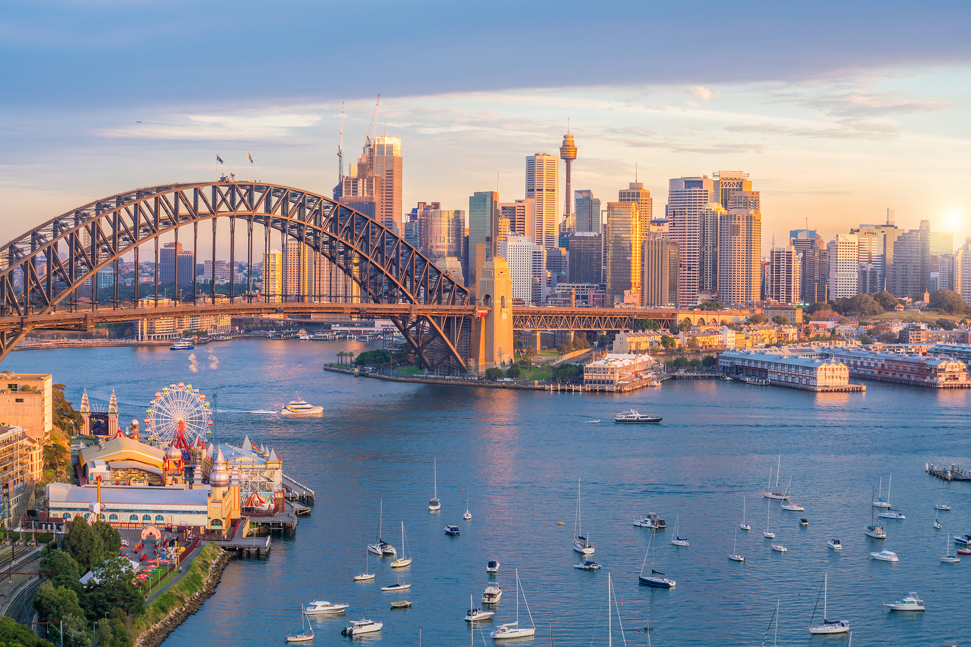 Downtown Sydney skyline in Australia from top view at twilight